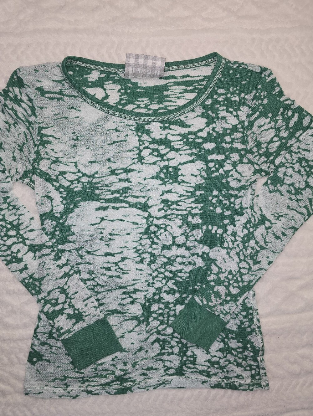 Jet Set Tie Dye Top Green White Abstract Thermal Knit Waffle Texture Burnout L
